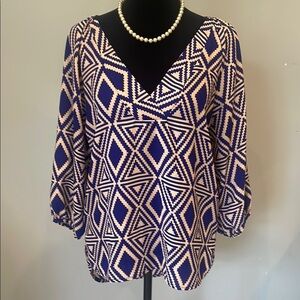 Geometric Patterned Women's Top - Blue and Cream